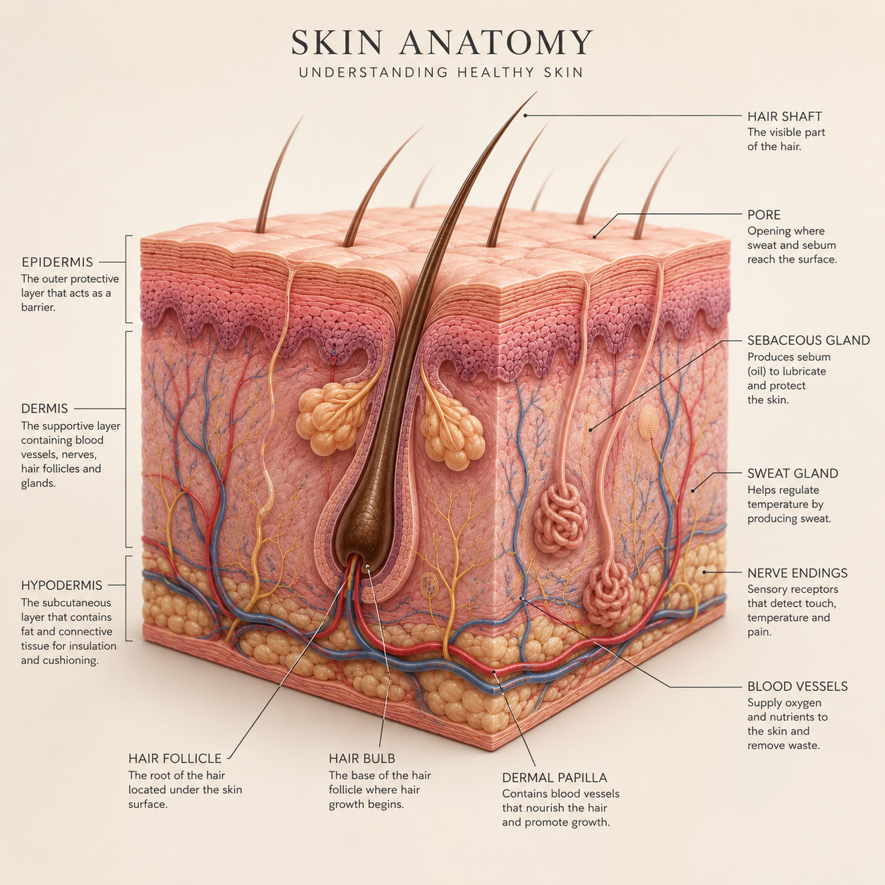 Skin Anatomy Diagram showing Epidermis, Dermis, and Hypodermis